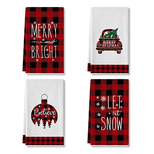 ARKENY Christmas Kitchen Towels Set of 2,Black Buffalo Plaid Gnome Red